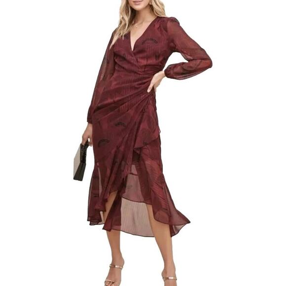 ASTR The Label Metallic Ruffled Faux Wrap Maxi Dress Burgundy Women's Size Small - Picture 1 of 7